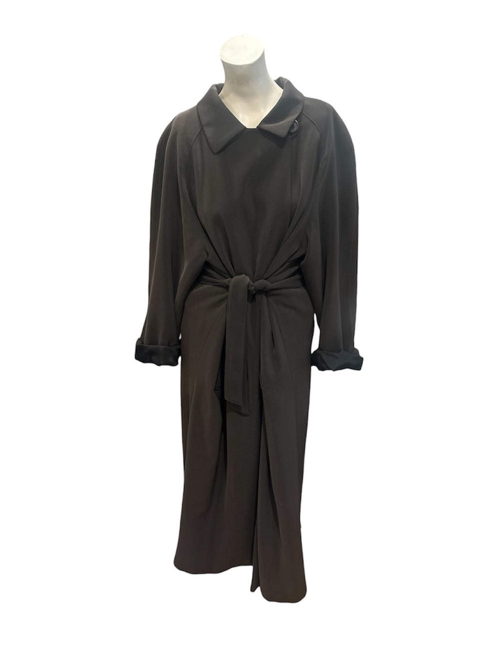 Tie-Waist Long Sleeve Dress Coat in Dark Brown